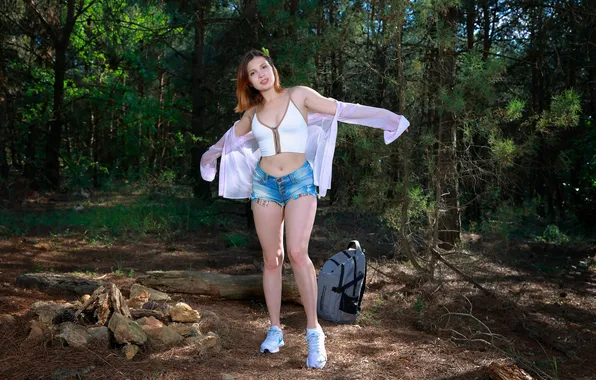 Forest, trees, nature, brunette, gorgeous, posing, beautiful face, vest