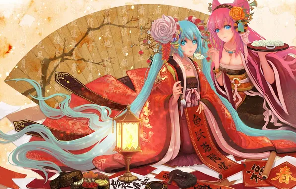 Картинка девушки, еда, арт, фонарь, кимоно, vocaloid, hatsune miku, megurine luka