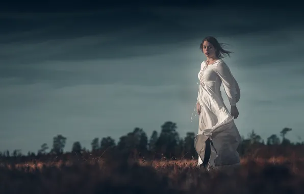 Поле, небо, девушка, природа, белое платье