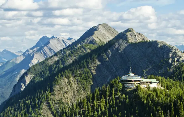 Лес, облака, деревья, горы, скалы, Канада, Альберта, Banff National Park
