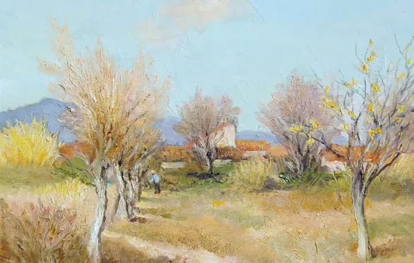 Картинка деревья, пейзаж, горы, картина, весна, Марсель Диф, An Orchard in Spring