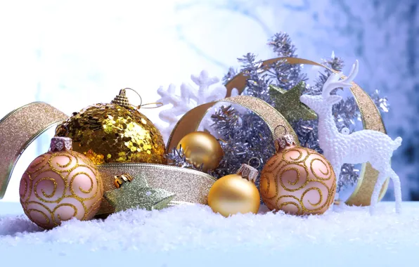 Зима, шарики, узоры, игрушки, олень, блестки, Новый Год, Рождество