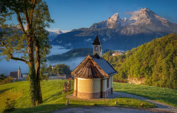 Картинка пейзаж, горы, природа, дорожки, Германия, Альпы, часовня, Berchtesgaden