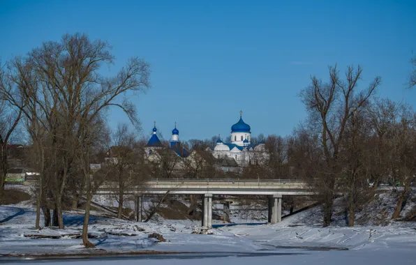 Зима, мост, город, церковь, могилев