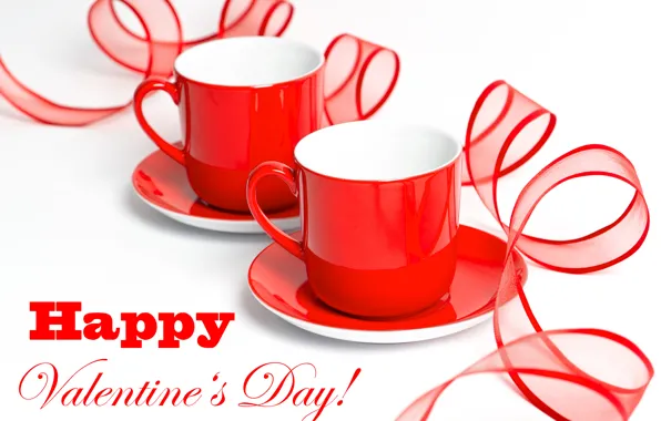 Чашки, лента, красные, блюдца, день святого Валентина