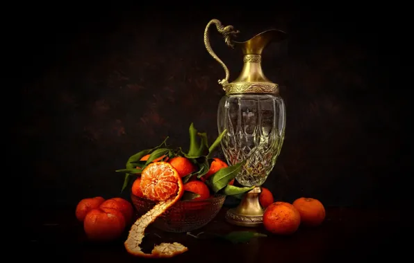 Листья, натюрморт, кожура, мандарины, графин