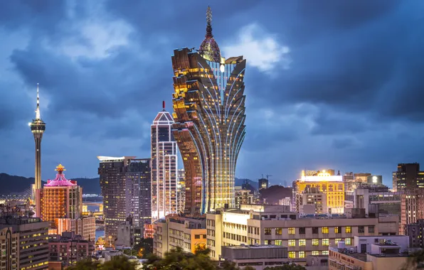 Картинка ночь, город, огни, Макао, Отель Grand Lisboa, Hotel Grand Lisboa