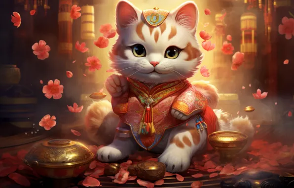 Кошка, поза, киска, мордашка, азиатский стиль, ИИ-арт, нейросеть