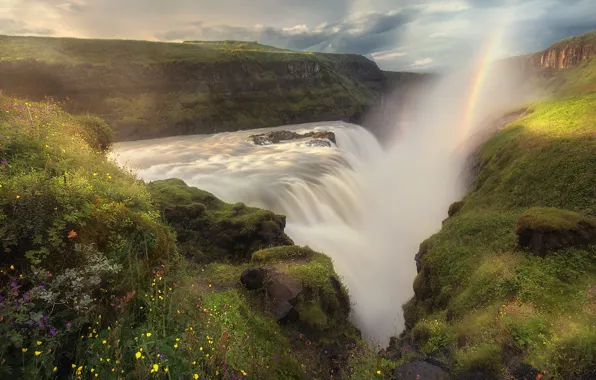 Картинка пейзаж, горы, природа, водопад, радуга, расщелина, Исландия, Михалюк Сергей