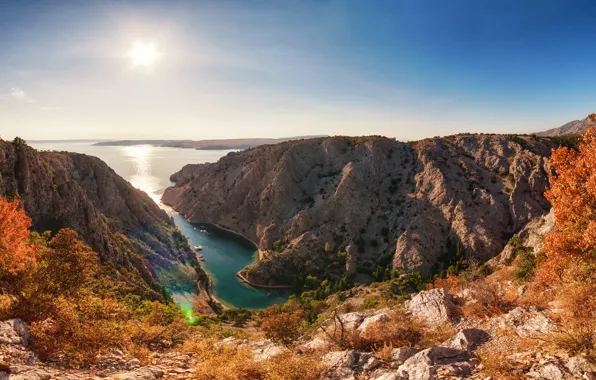 Картинка море, лето, природа, обрыв, скалы, бухта, Хорватия, панорамма