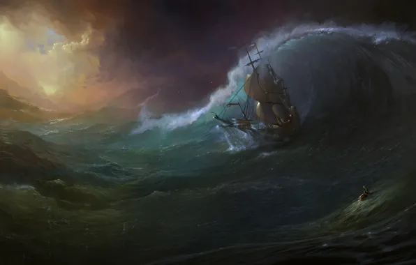 Картинка море, волны, шторм, человек, корабль
