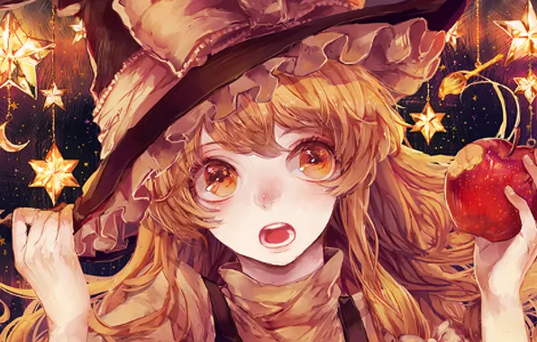 Apple, touhou, stars, witch, marisa