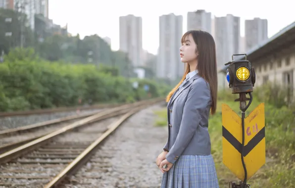 Asian, Model, Woman, Uniform, Railway line, Railway Crossing, Railway Track