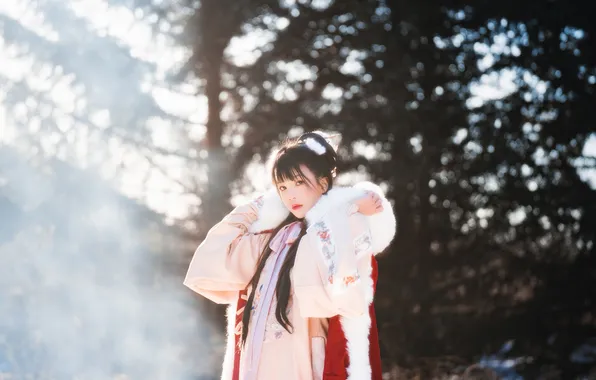 Beautiful, Asian, Model, Winter, Snow, Woman, Trees, Pretty