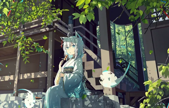 Девушка, храм, ест, виртуальный ютубер Hololive, Holo no Graffiti, Fubuki Shirakami