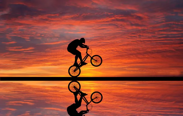 Картинка облака, закат, отражение, велосипедист