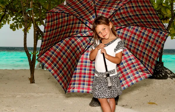 Картинка пляж, зонт, девочка, Manfred Sket, rainy day in paradise