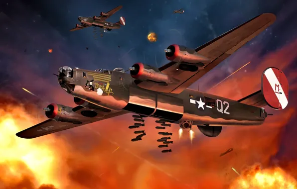 Бомбометание, B-24J, USAAF, 8th Air Force, ''Witchcraft'', 467th BG, разрывы зенитных снарядов