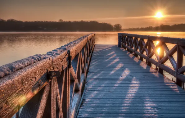 Картинка зима, мост, озеро, утро