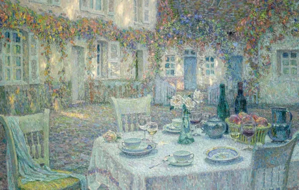 Картинка дом, стол, картина, двор, сервировка, Завтрак, Henri Le Sedaner, Анри Ле Сиданэ