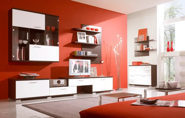 Картинка красный, яркий, дизайн, стиль, комната, интерьер, квартира, полки