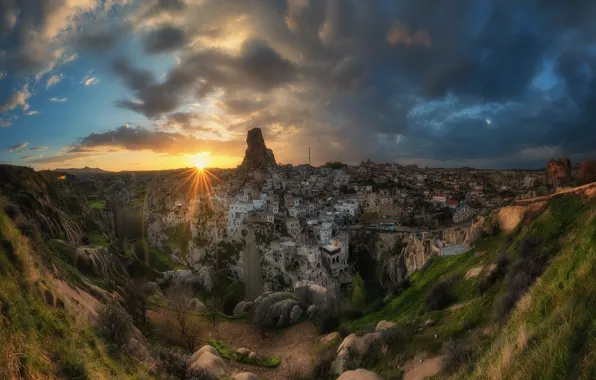 Солнце, облака, лучи, закат, вид, дома, панорама, Турция