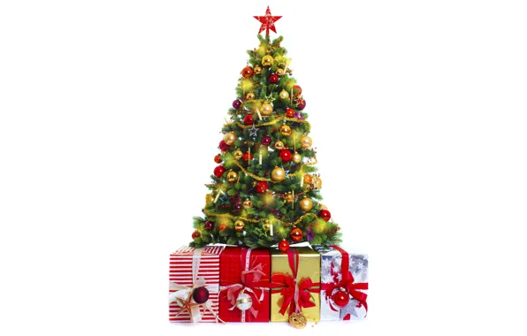 Украшения, праздник, шары, игрушки, елка, подарки, белый фон, Новый год