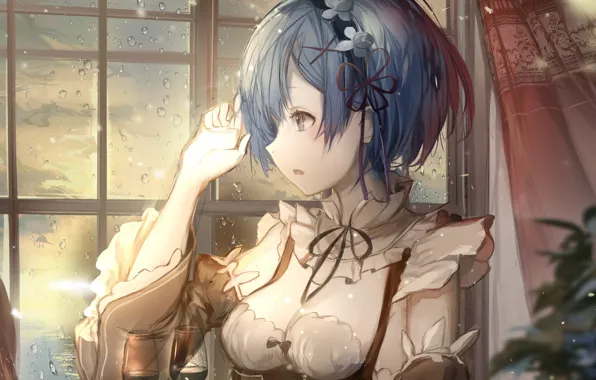 Девушка, капли, вино, окно, арт, re zero kara hajimeru isekai seikatsu, Рем