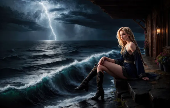 Girl, sea, tempest, thundering