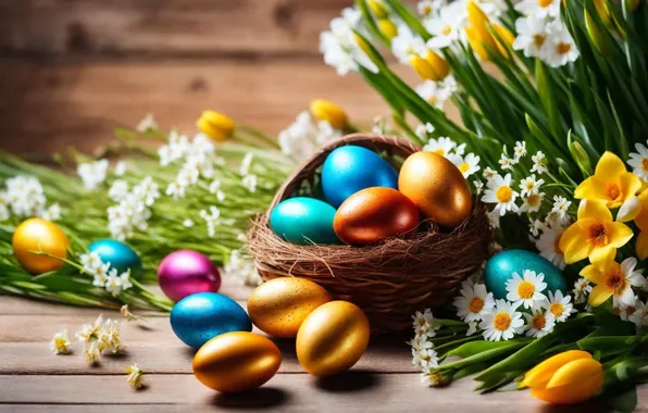 Картинка цветы, яйца, весна, colorful, Пасха, happy, flowers, spring