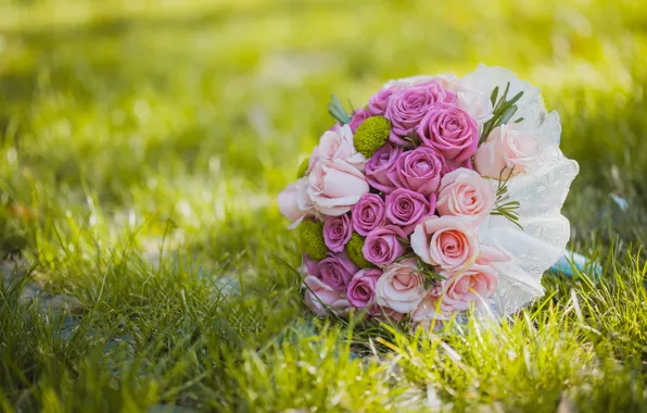 Картинка трава, цветы, розы, букет, свадьба, flowers, bouquet, roses