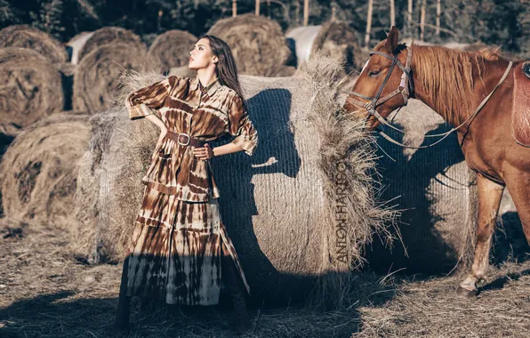 Картинка девушка, поза, стиль, конь, лошадь, сено, Антон Харисов, Мария Башмакова