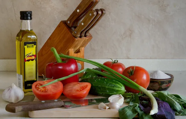 Картинка зелень, масло, лук, перец, ножи, овощи, помидоры, огурцы