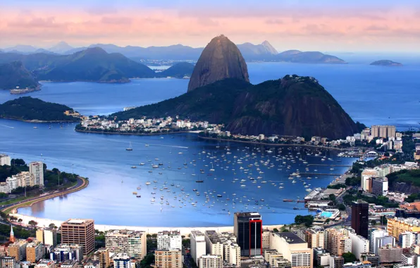 Картинка горы, побережье, дома, лодки, панорама, залив, катера, Бразилия