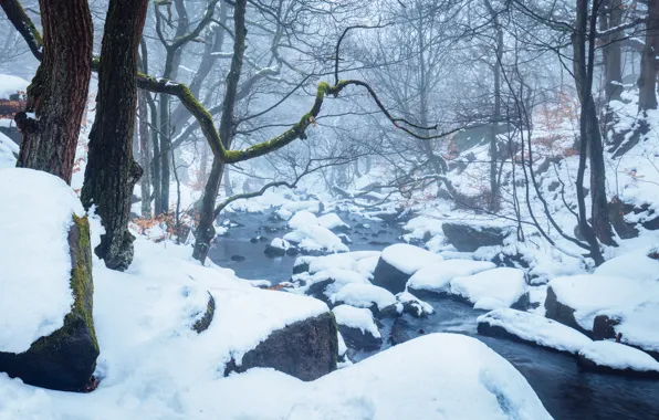 Картинка зима, снег, ручей, Англия, дымка, Peak District