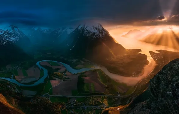Картинка лето, небо, солнце, свет, горы, долина, Норвегия