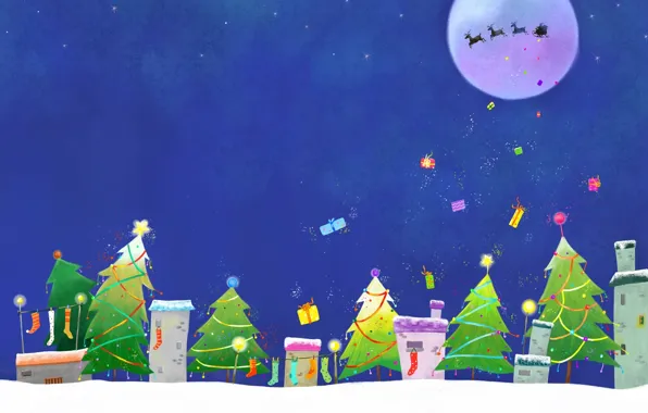 Картинка зима, звезды, украшения, праздник, луна, новый год, рождество, огоньки