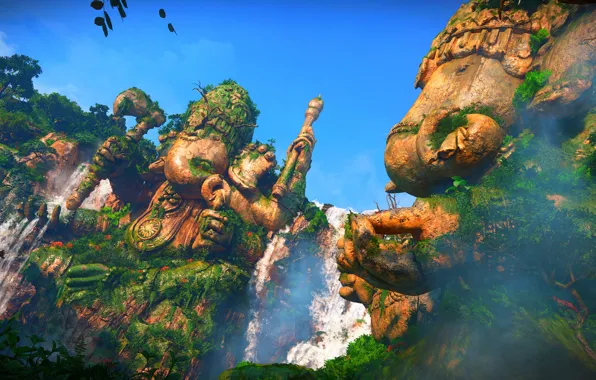 Waterfall, Statue, Uncharted: The Lost Legacy, Ganesha
