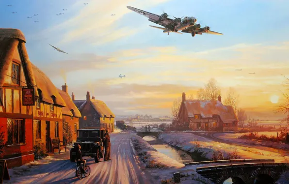 Рисунок, арт, бомбардировщики, б-17, nicolas trudgian, A Welcome At The Inn