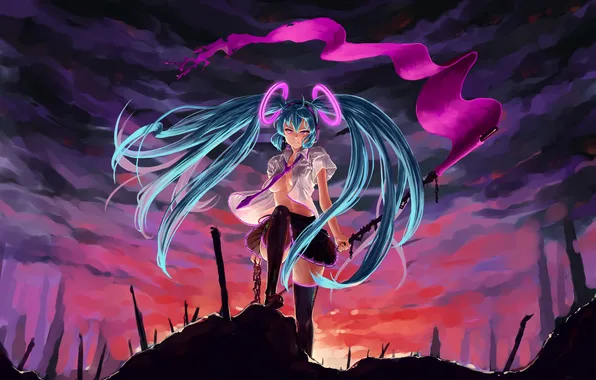 Взгляд, девушка, злость, флаг, галстук, блузка, цепи, vocaloid