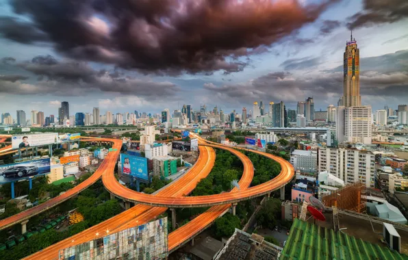 Картинка крыша, облака, город, дороги, дома, вечер, Тайланд, Bangkok
