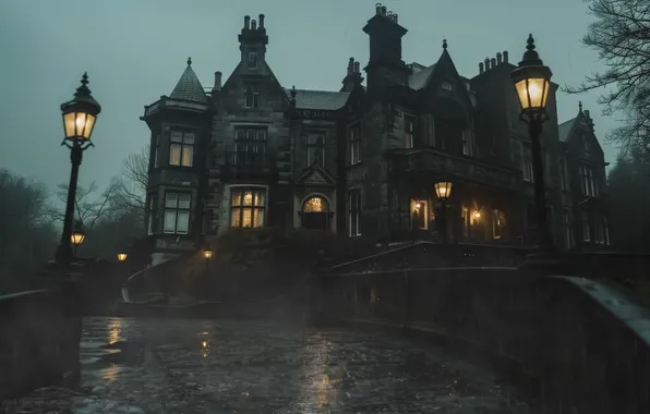 Lights, dark, house, rain, castle, lamp