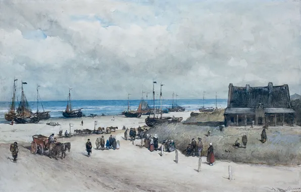Рисунок, акварель, Пляж в Схевенингене, Йоханнес Босбом, Johannes Bosboom