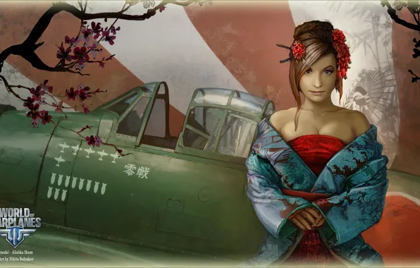 Девушка, самолет, Япония, сакура, girl, aviation, авиа, MMO