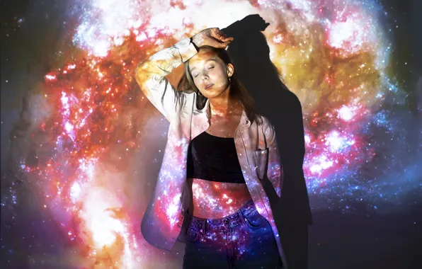 Universe, woman, young, standing, textureprojection