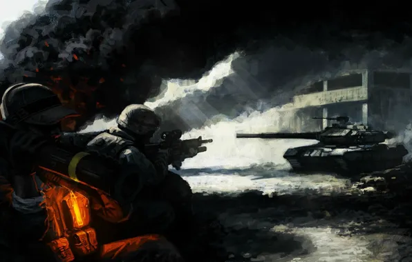 Картинка свет, пепел, оружие, дым, здание, арт, солдаты, танк