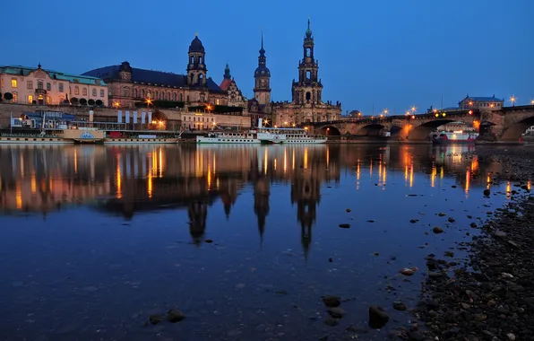 Картинка ночь, мост, огни, отражение, река, здания, Германия, башни