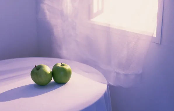 Стол, комната, яблоки, разное, зелёные, скатерть