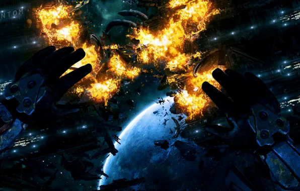 Картинка космос, взрыв, будущее, корабль, планета, катастрофа, руки, акимов михаил