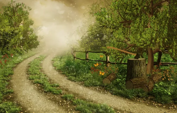 Картинка дорога, лес, трава, деревья, бабочки, природа, туман, блики